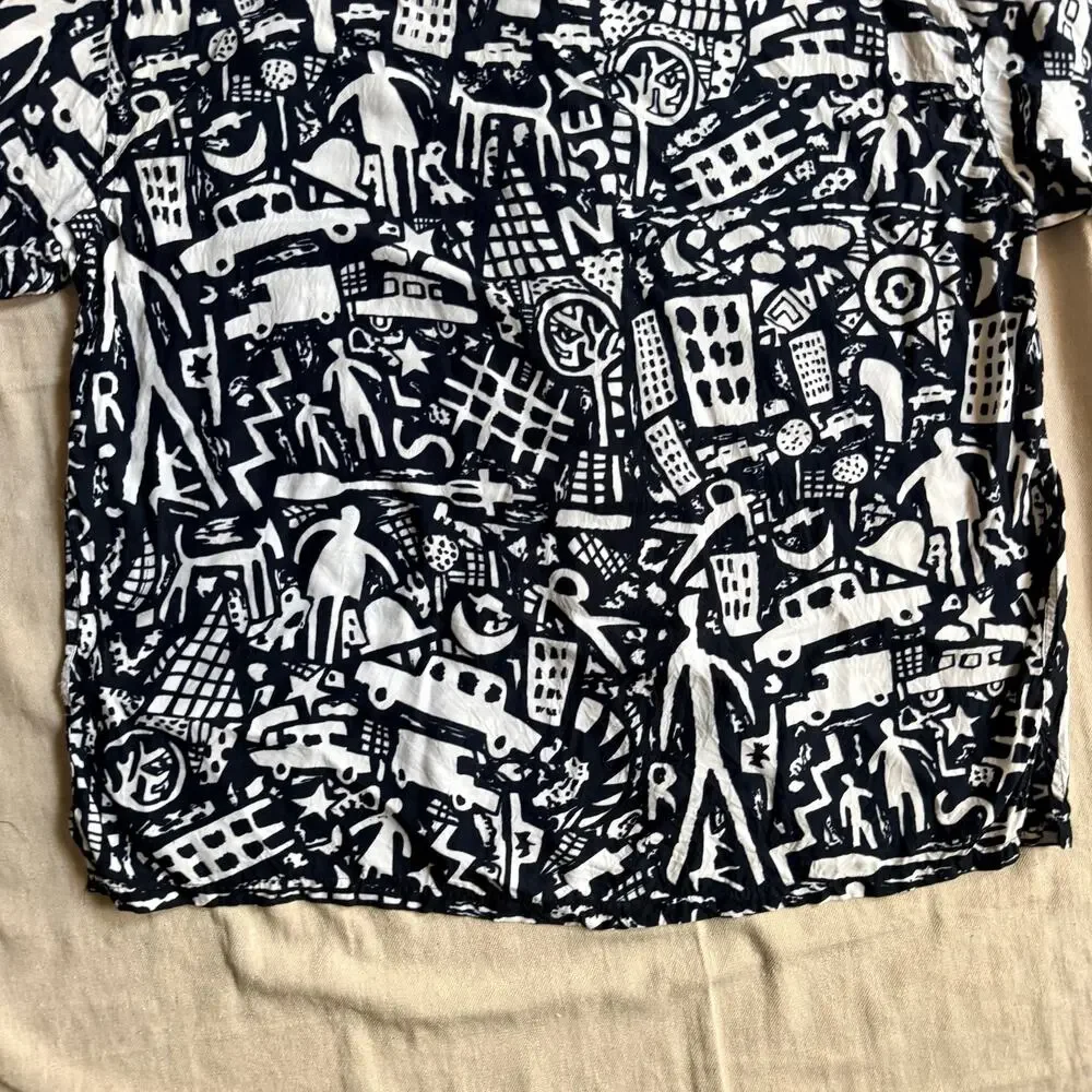 VTG 90s Pink Dragon Neiman Marcus Rayon Abstract City Loop Collar Shirt Men's XL